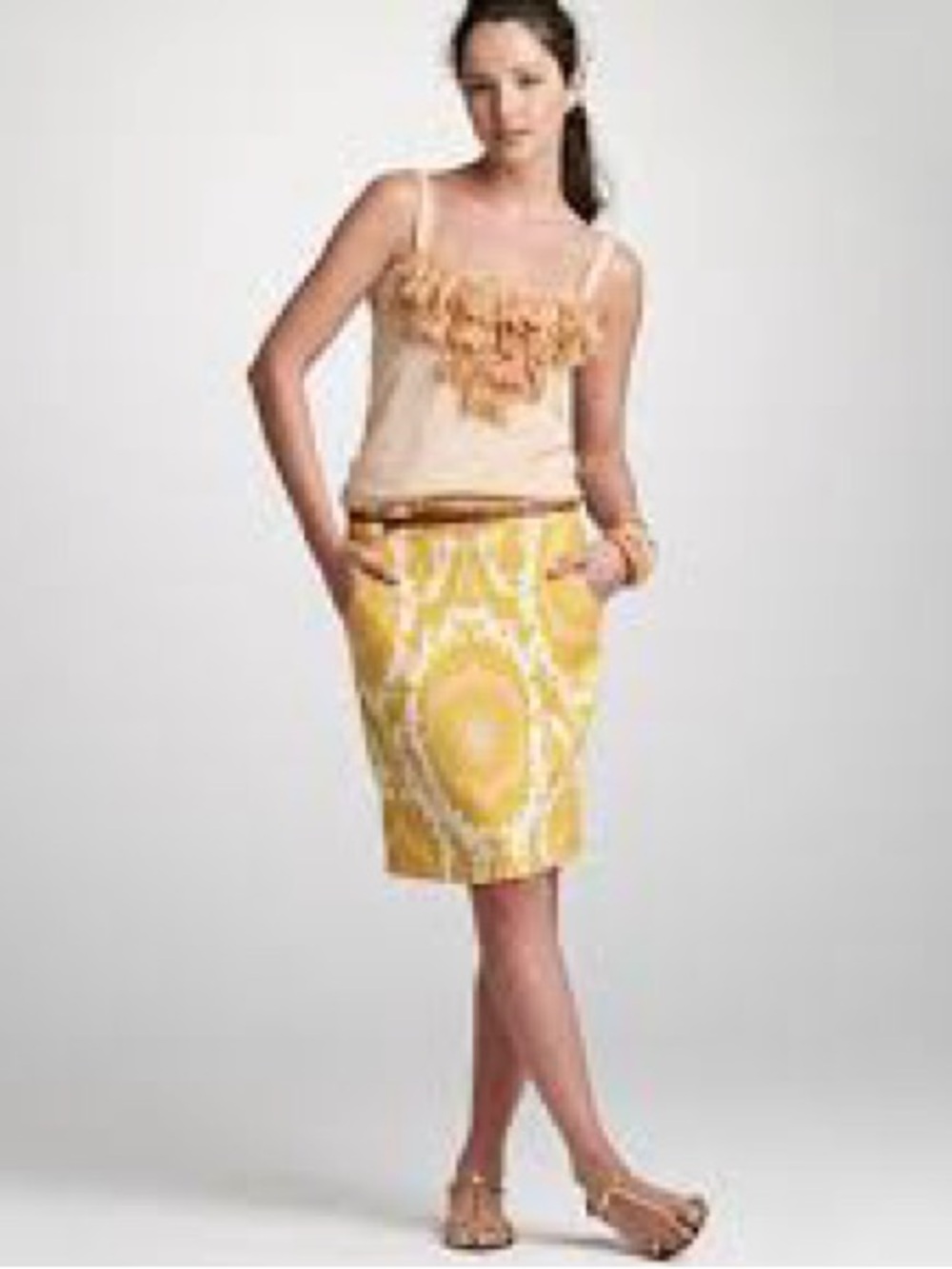 J.Crew linen pencil skirt featuring yellow and pink ikat patterned design size 6